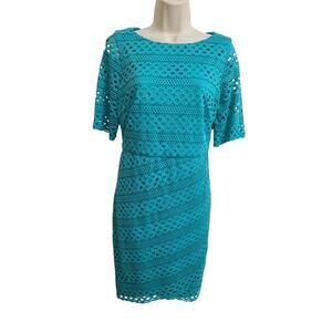 Lace Dress 14P Short Sleeve Tulip Hem Lined Jessica Howard Turquoise